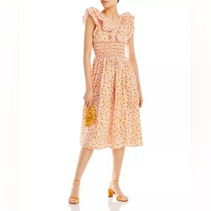AQUA Scilla Smocked Printed Midi Dress Floral White Orange‎ Size Extra Small